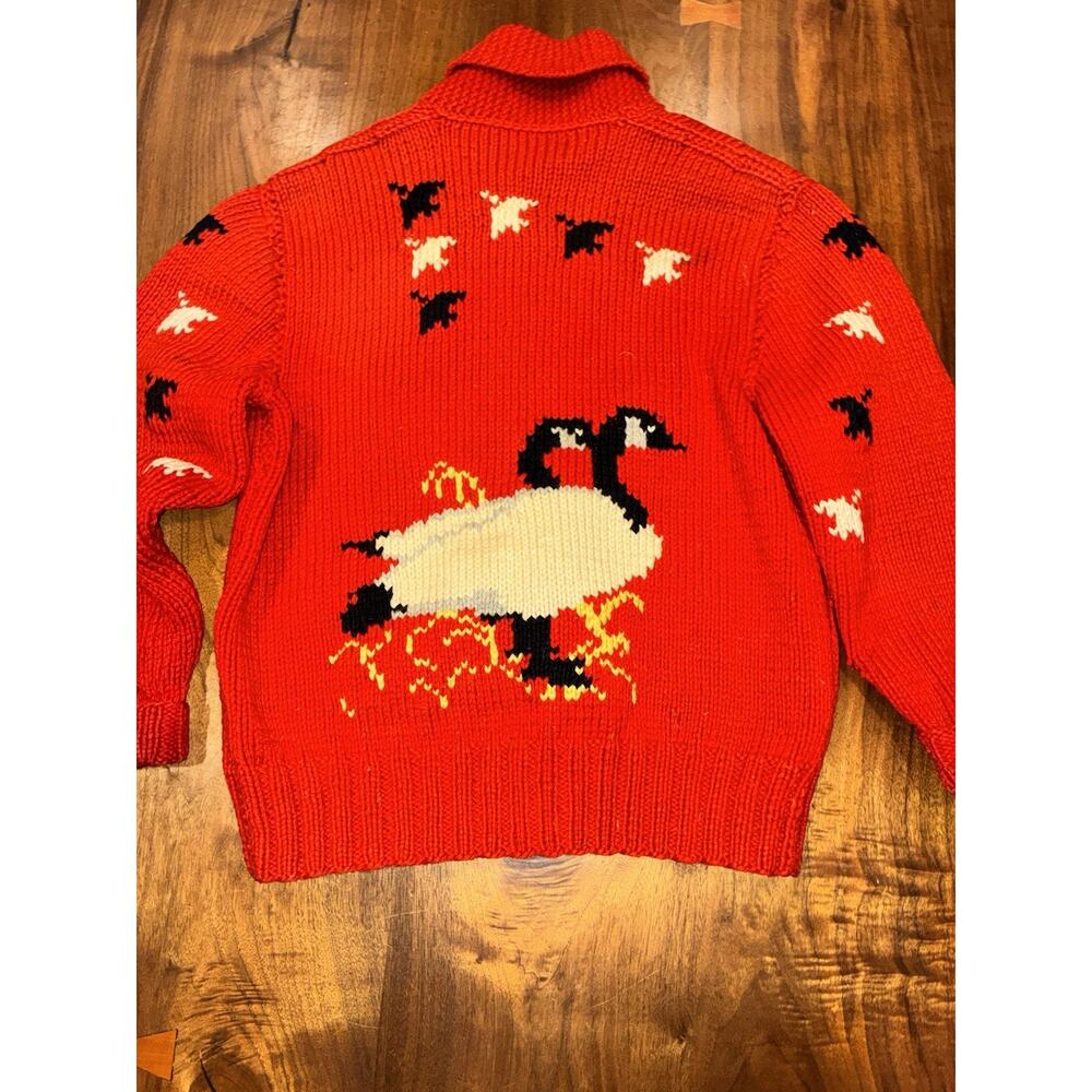 VINTAGE 50s Goose Cowichan 100% Wool Zip Cardigan Sweater Mary Maxim Red - Picture 14 of 16